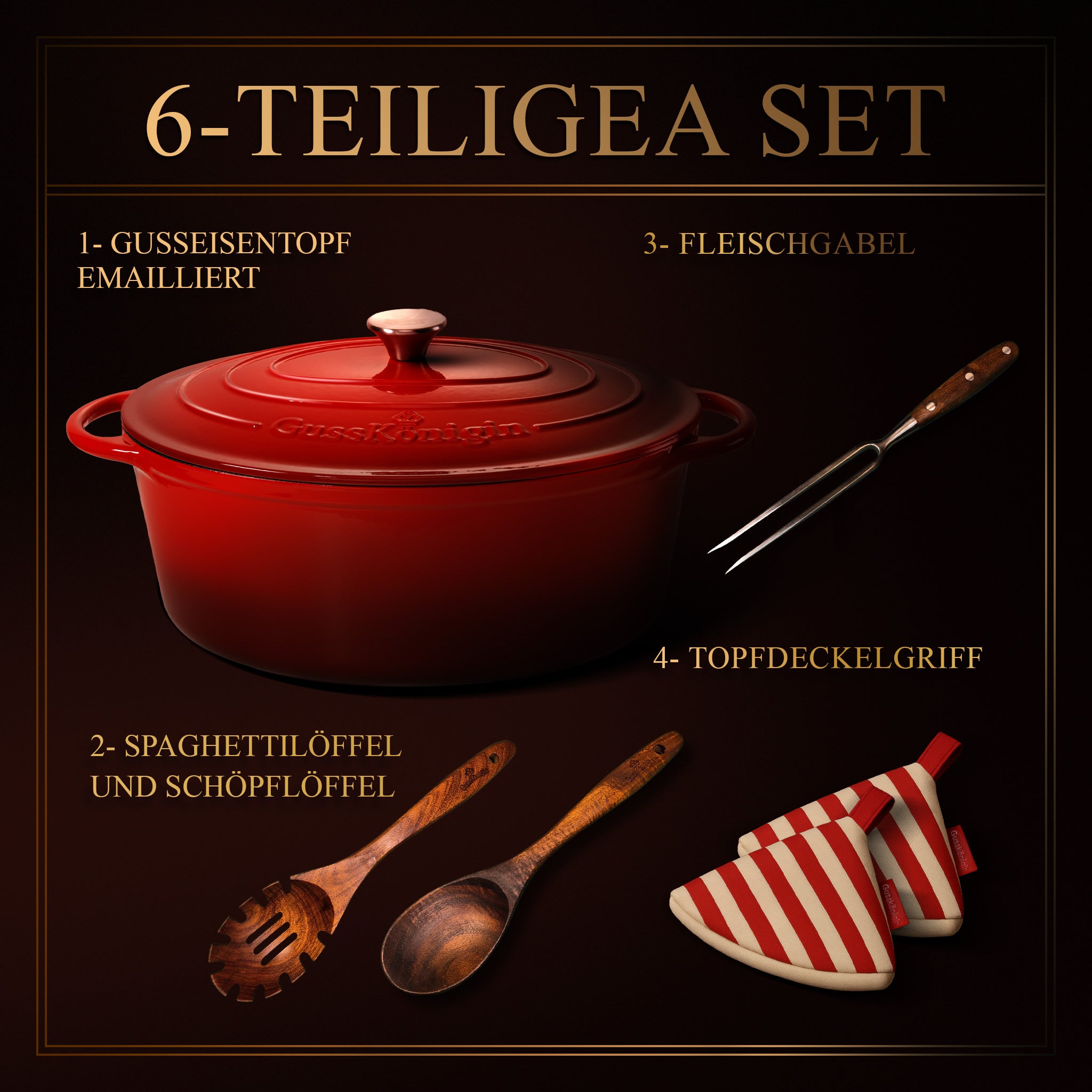 GUSSKÖNIGIN Ovaler Bräter Gusseisen – Gusseisen-Topf & Schmortopf mit Deckel inkl. Zubehör