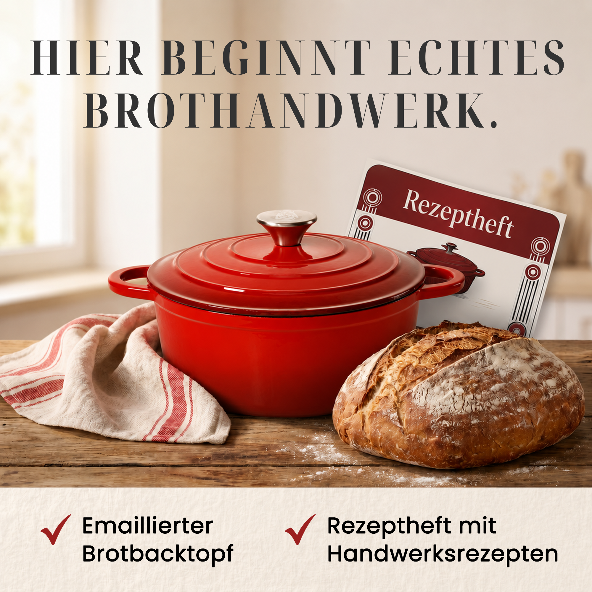 Runder Gusseisen Brottopf – zum Brotbacken inkl. Bäcker-Zubehör - Der Brottopf für knuspriges & fluffiges Brot