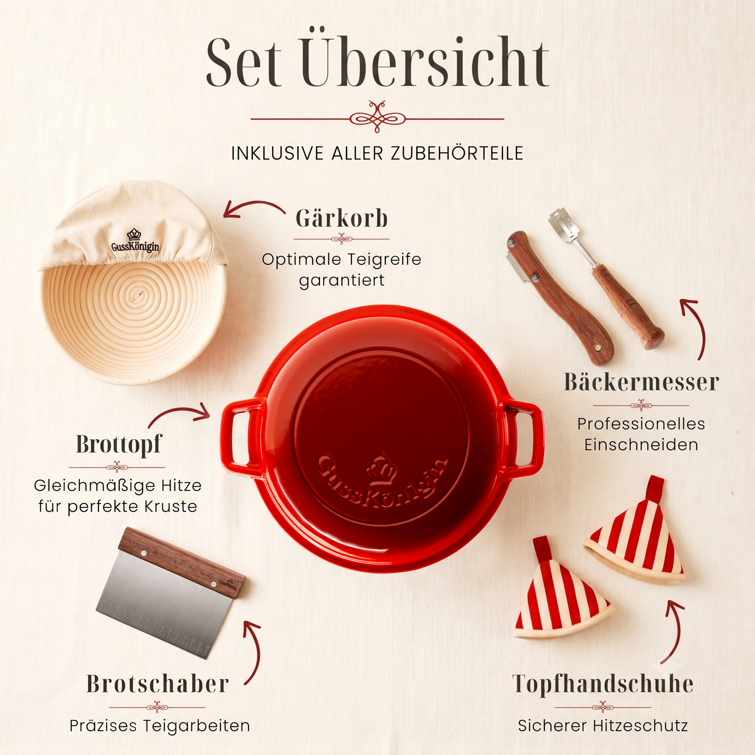 Runder Gusseisen Brottopf – zum Brotbacken inkl. Bäcker-Zubehör - Der Brottopf für knuspriges & fluffiges Brot
