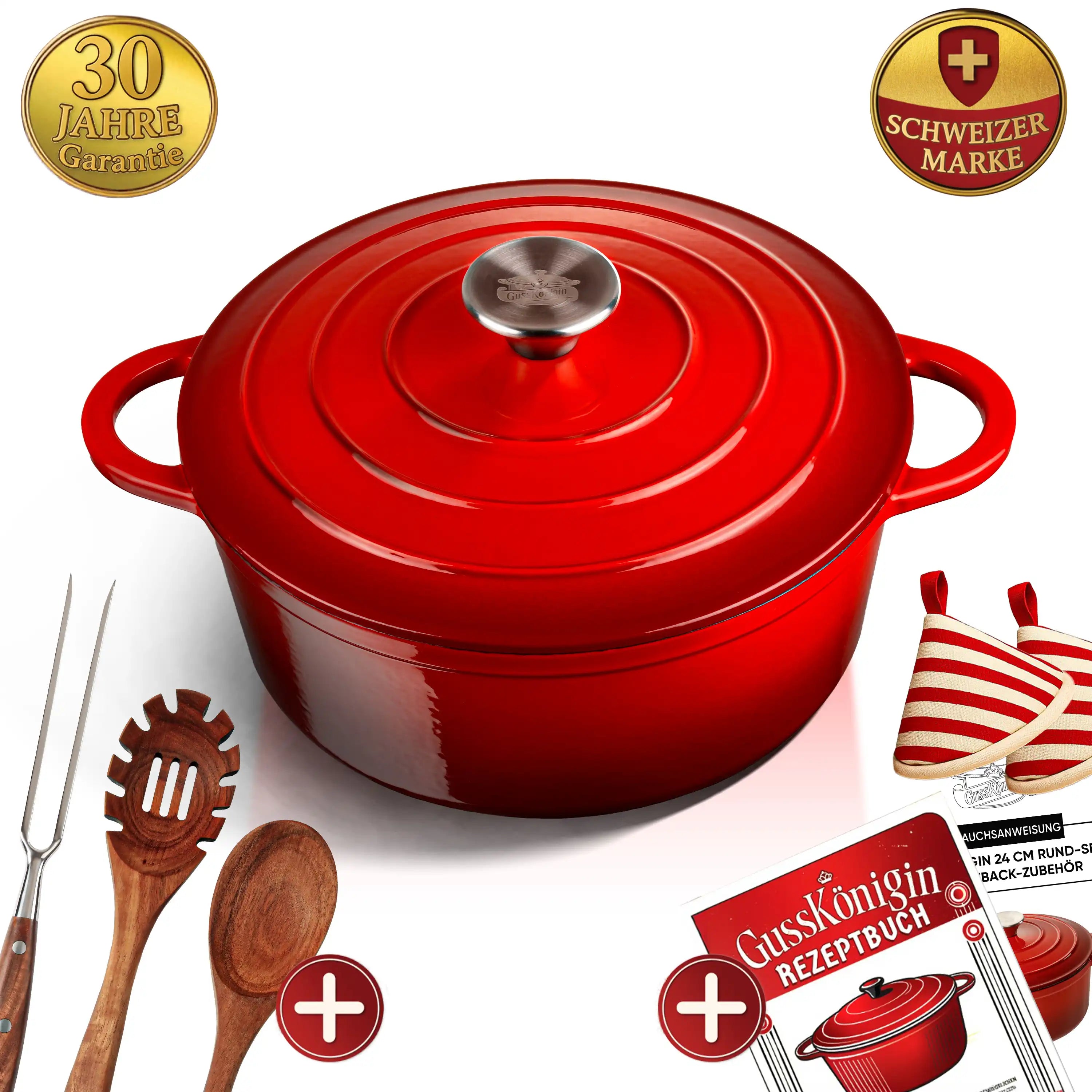 GUSSKÖNIGIN Runder Gusseisen Bräter – Dutch Oven & Emaille Schmortopf mit Deckel inkl. Zubehör