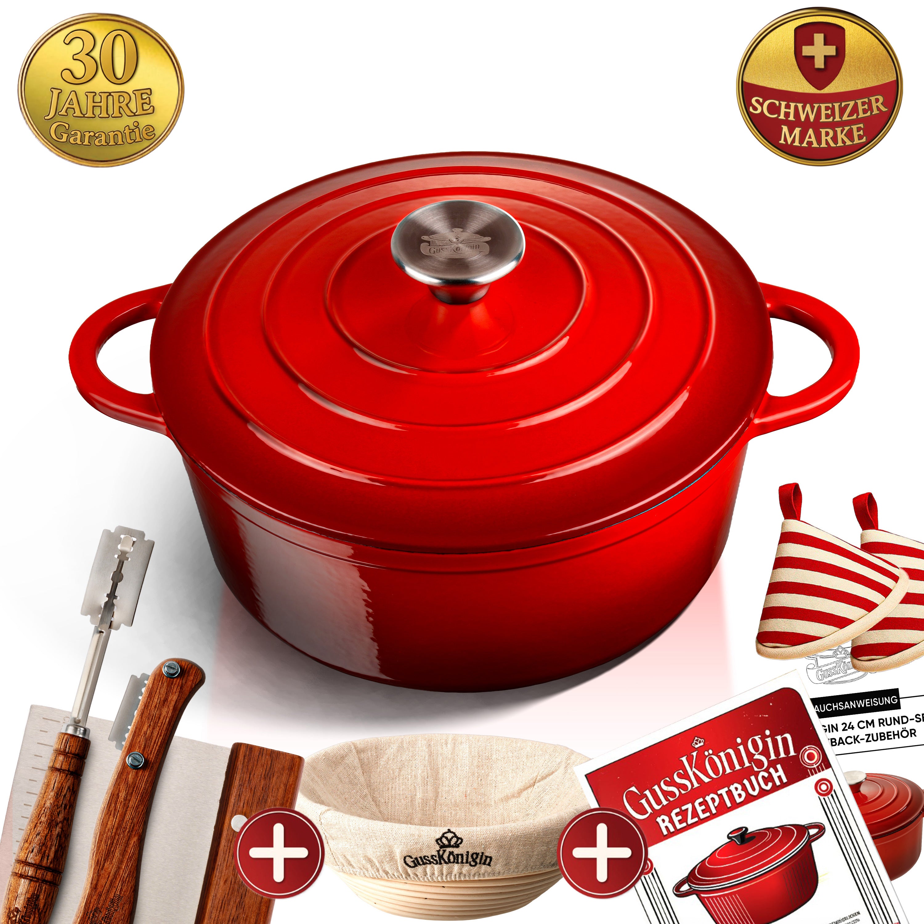 GUSSKÖNIGIN Runder Brottopf – Gusseisen-Topf zum Brotbacken mit Deckel inkl. Zubehör