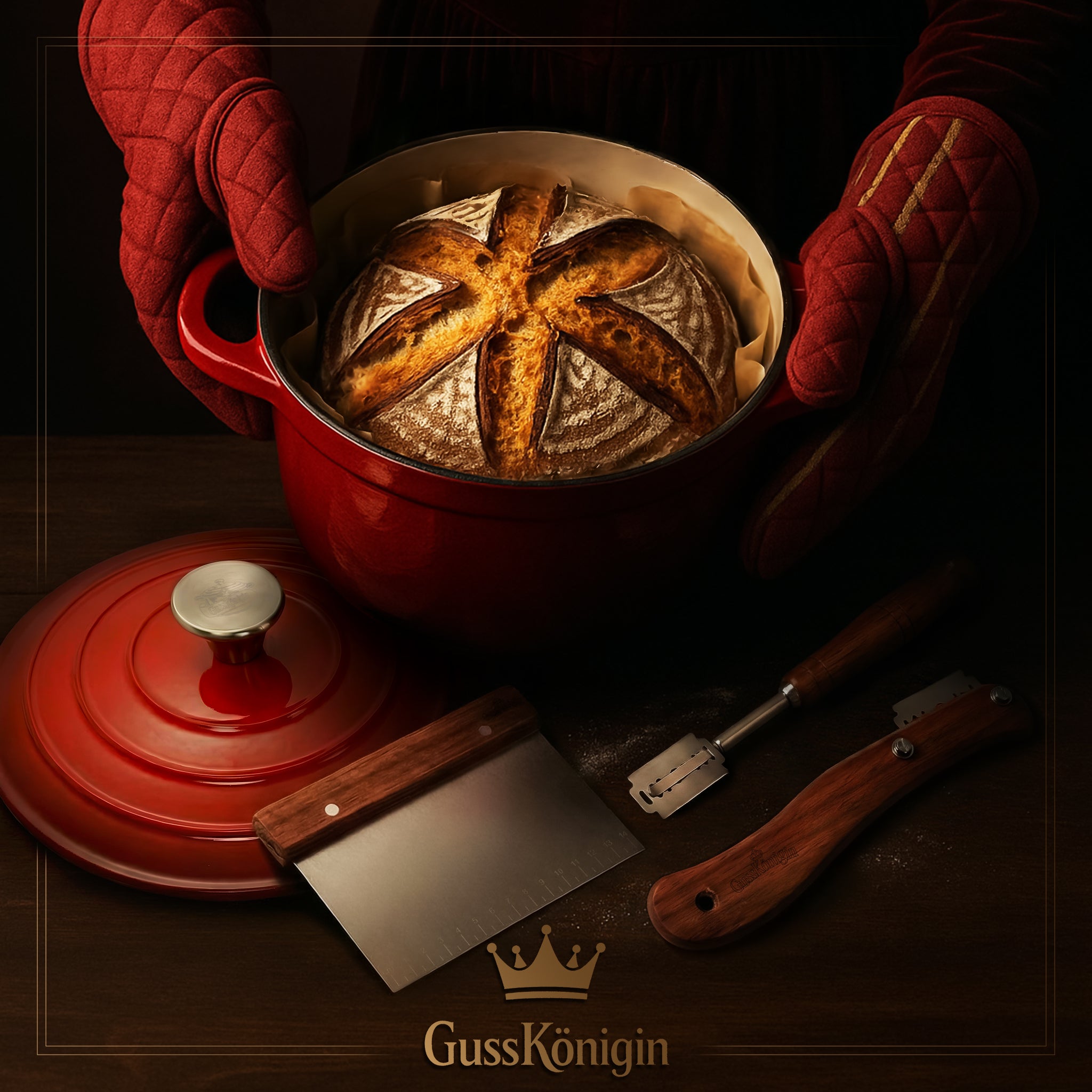 GUSSKÖNIGIN Runder Brottopf – Gusseisen-Topf zum Brotbacken mit Deckel inkl. Zubehör