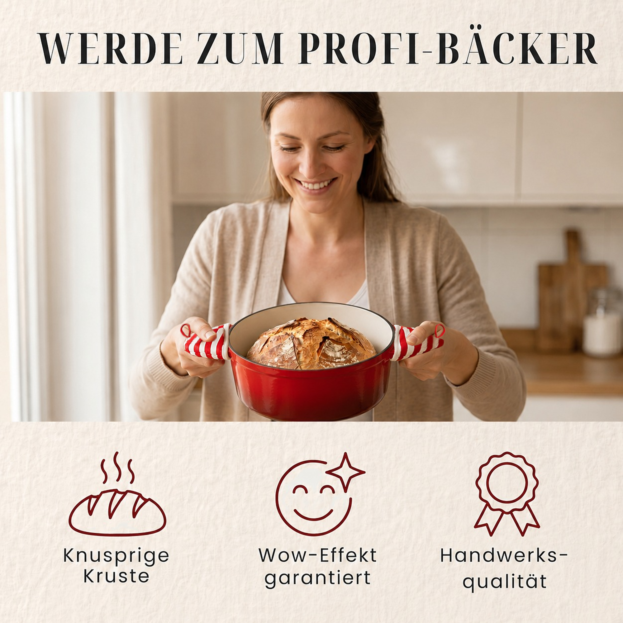 Runder Gusseisen Brottopf – zum Brotbacken inkl. Bäcker-Zubehör - Der Brottopf für knuspriges & fluffiges Brot