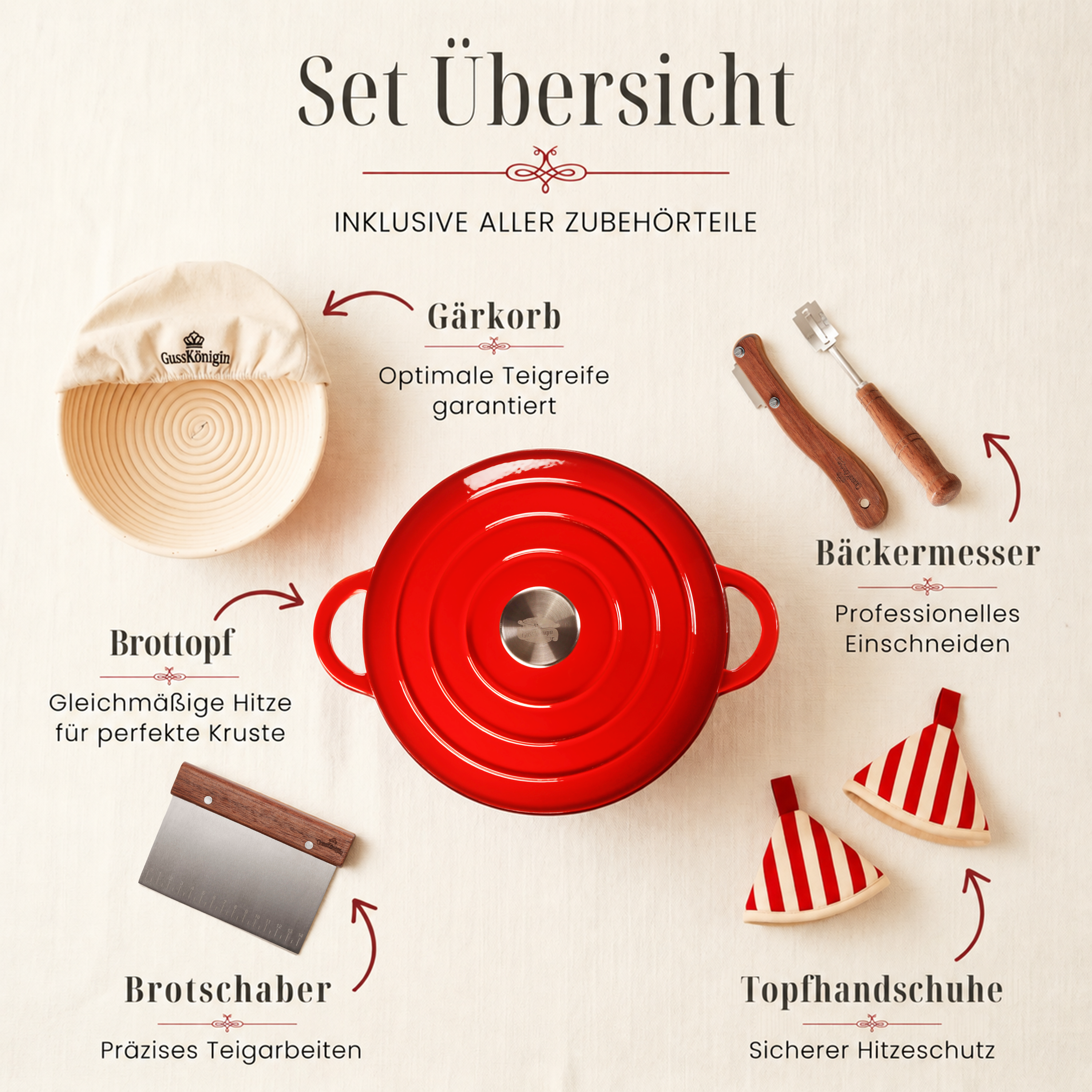 Runder Gusseisen Brottopf – zum Brotbacken inkl. Bäcker-Zubehör - Der Brottopf für knuspriges & fluffiges Brot