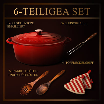 GUSSKÖNIGIN Ovaler Bräter Gusseisen – Gusseisen-Topf &amp; Schmortopf mit Deckel inkl. Zubehör