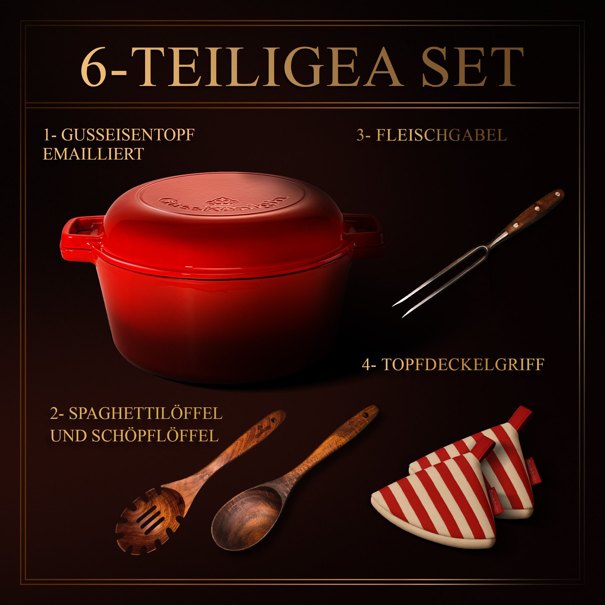 GUSSKÖNIGIN Runder Gusseisen Bräter – Dutch Oven &amp; Emaille Schmortopf mit Deckel inkl. Zubehör