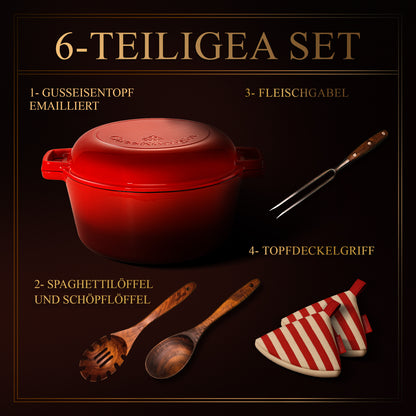 GUSSKÖNIGIN Runder Gusseisen Bräter – Dutch Oven &amp; Emaille Schmortopf mit Deckel inkl. Zubehör