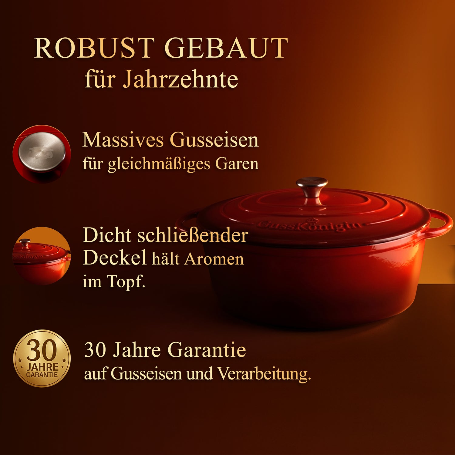 GUSSKÖNIGIN Ovaler Bräter Gusseisen – Gusseisen-Topf &amp; Schmortopf mit Deckel inkl. Zubehör