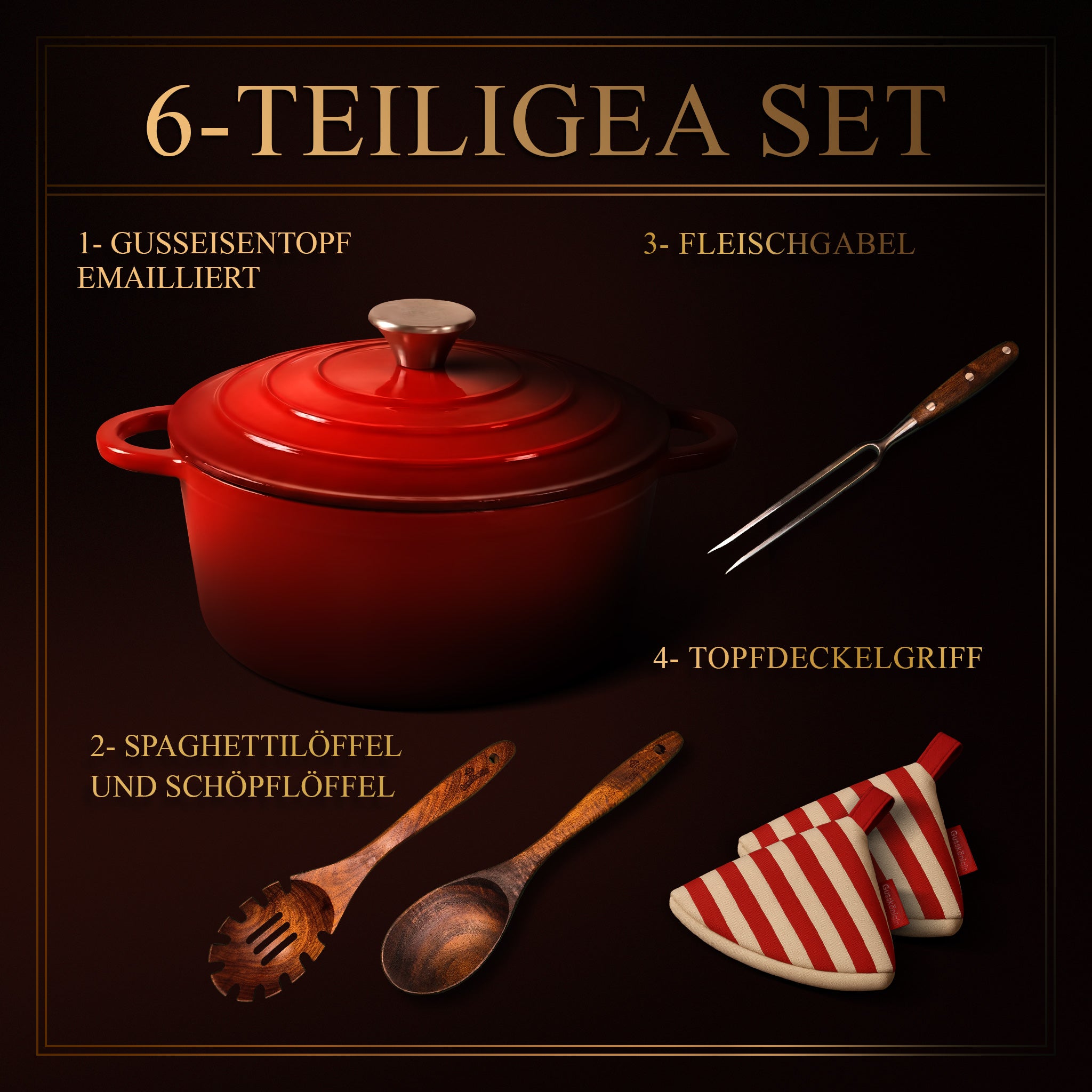 GUSSKÖNIGIN Runder Gusseisen Bräter – Dutch Oven &amp; Emaille Schmortopf mit Deckel inkl. Zubehör