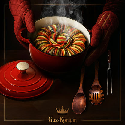 GUSSKÖNIGIN Runder Gusseisen Bräter – Dutch Oven &amp; Emaille Schmortopf mit Deckel inkl. Zubehör