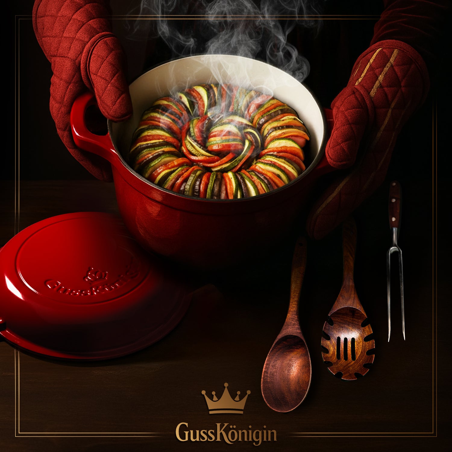 GUSSKÖNIGIN Runder Gusseisen Bräter – Dutch Oven &amp; Emaille Schmortopf mit Deckel inkl. Zubehör