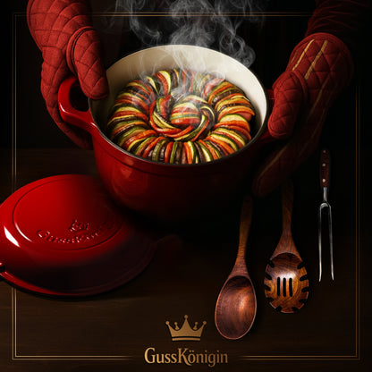 GUSSKÖNIGIN Runder Gusseisen Bräter – Dutch Oven &amp; Emaille Schmortopf mit Deckel inkl. Zubehör