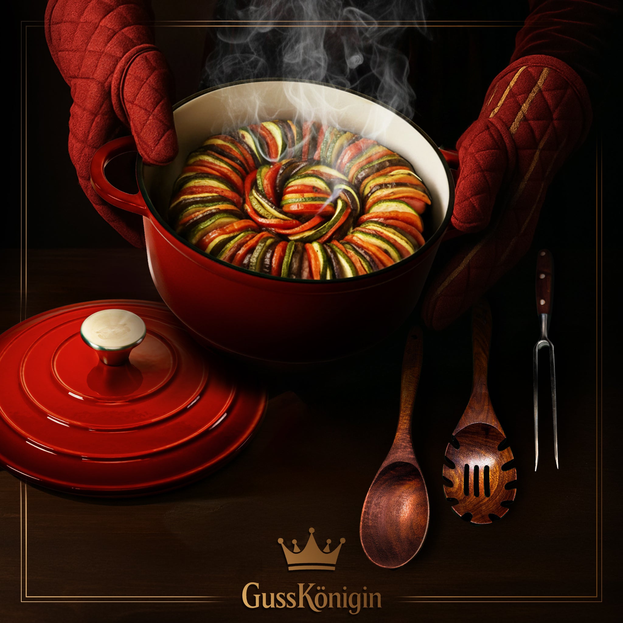 GUSSKÖNIGIN Runder Gusseisen Bräter – Dutch Oven &amp; Emaille Schmortopf mit Deckel inkl. Zubehör