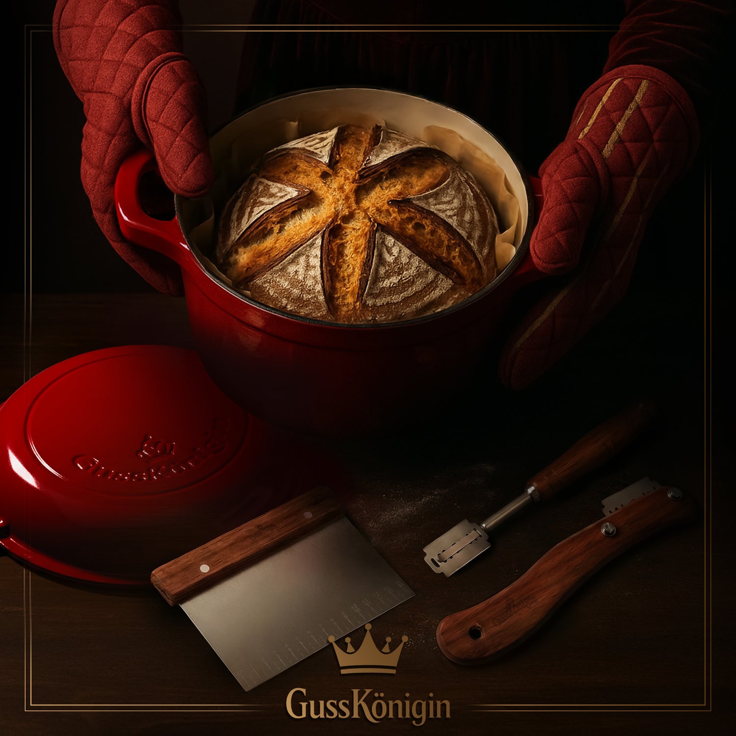 GUSSKÖNIGIN Runder Brottopf – Gusseisen-Topf zum Brotbacken mit Deckel inkl. Zubehör