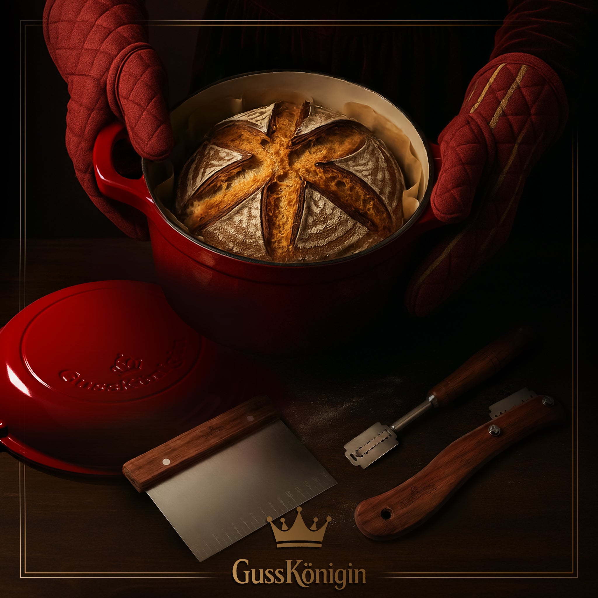 GUSSKÖNIGIN Runder Brottopf – Gusseisen-Topf zum Brotbacken mit Deckel inkl. Zubehör