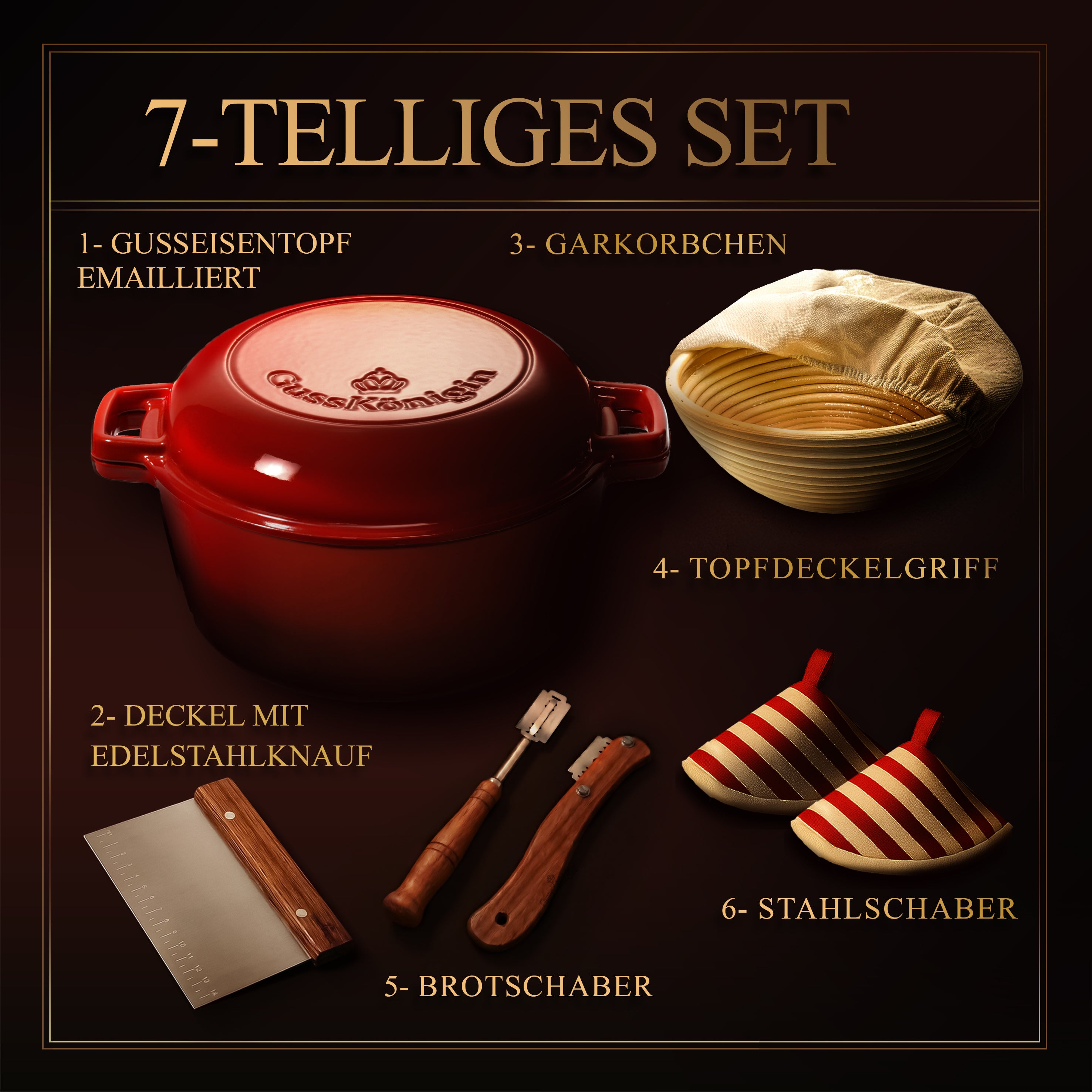 GUSSKÖNIGIN Runder Brottopf – Gusseisen-Topf zum Brotbacken mit Deckel inkl. Zubehör