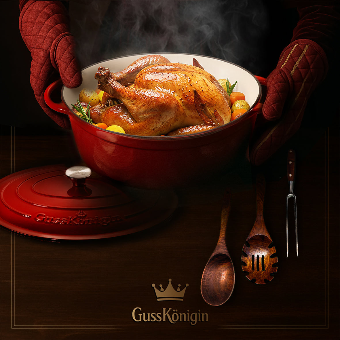 GUSSKÖNIGIN Ovaler Bräter Gusseisen – Gusseisen-Topf &amp; Schmortopf mit Deckel inkl. Zubehör