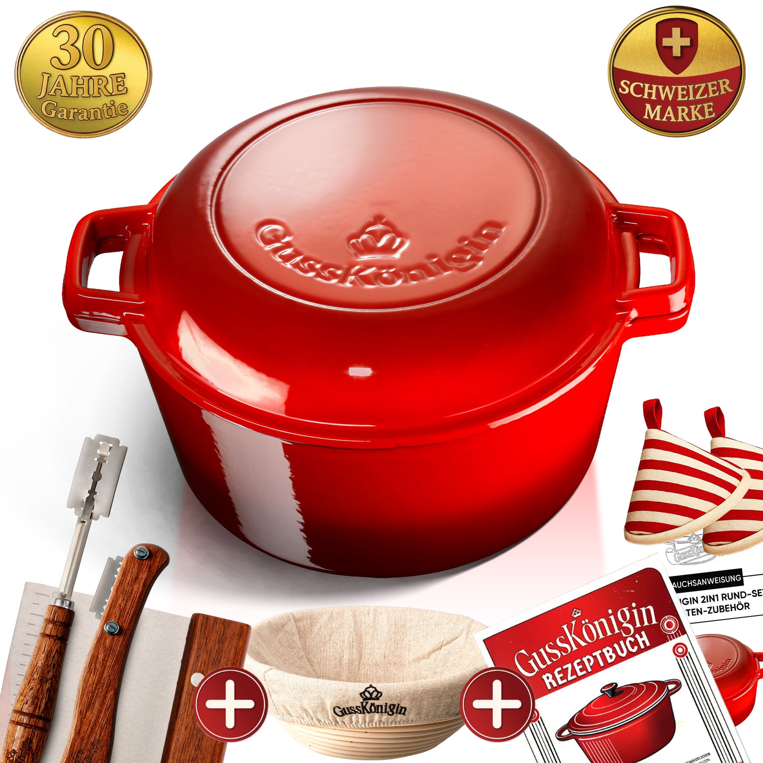 GUSSKÖNIGIN Runder Brottopf – Gusseisen-Topf zum Brotbacken mit Deckel inkl. Zubehör