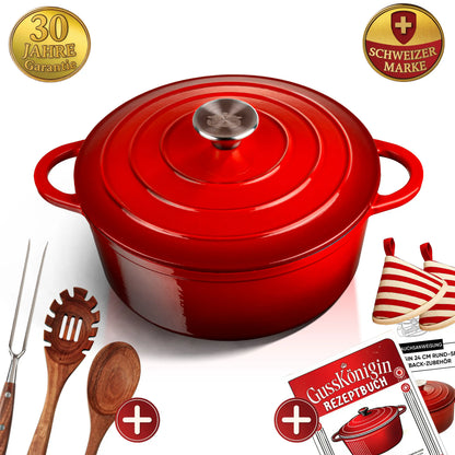 GUSSKÖNIGIN Runder Gusseisen Bräter – Dutch Oven &amp; Emaille Schmortopf mit Deckel inkl. Zubehör