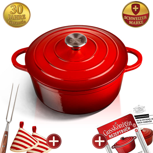 GUSSKÖNIGIN Ökonomischer Runder Gusseisen-Bräter – Dutch Oven & Emaille-Schmortopf mit Deckel inkl. Zubehör