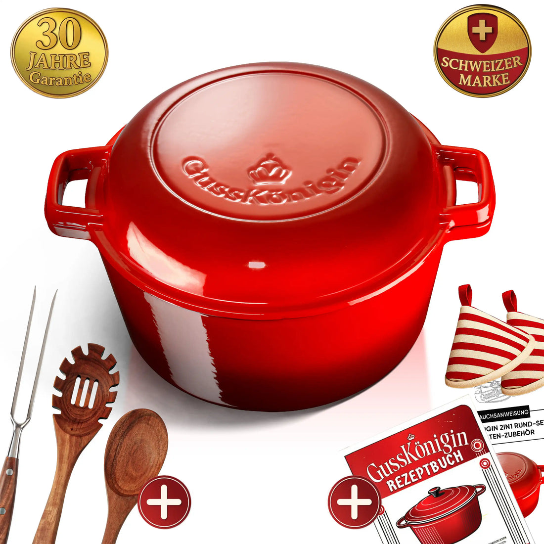 GUSSKÖNIGIN Runder Gusseisen Bräter – Dutch Oven & Emaille Schmortopf mit Deckel inkl. Zubehör
